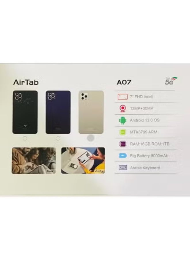 AIR TAB تابلت أ07 7 إنش أندرويد 13، 16 جيجابايت رام، 1 تيرابايت تخزين، معالج ثماني النواة، بطارية 8000 مللي أمبير، كاميرا 30 ميجابكسل، لوحة مفاتيح وقلم مرفق، تابلت واي فاي للألعاب والدراسة والعمل والترفيه، تصميم خفيف الوزن - Image 4